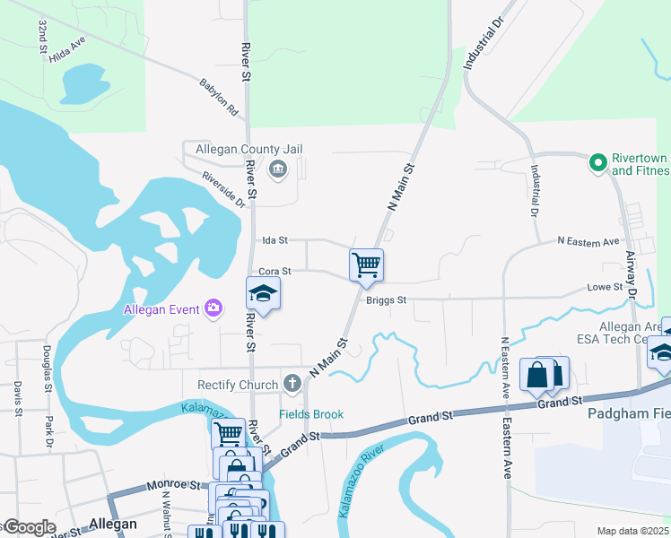 map of restaurants, bars, coffee shops, grocery stores, and more near 132 Cora Street in Allegan