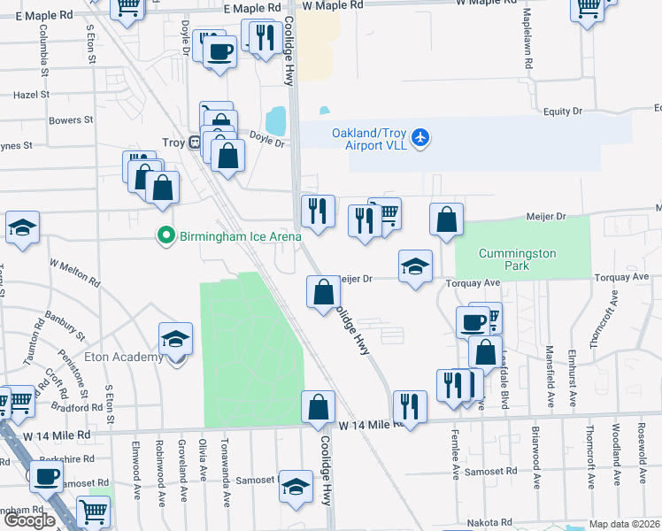 map of restaurants, bars, coffee shops, grocery stores, and more near Meijer Dr in Royal Oak