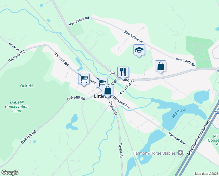 map of restaurants, bars, coffee shops, grocery stores, and more near 2 King Street in Littleton