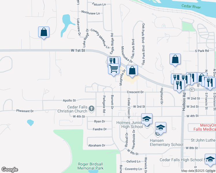 map of restaurants, bars, coffee shops, grocery stores, and more near 2202 Thunder Ridge Boulevard in Cedar Falls