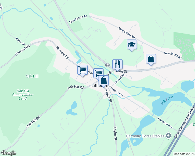 map of restaurants, bars, coffee shops, grocery stores, and more near 2 Harvard Road in Littleton