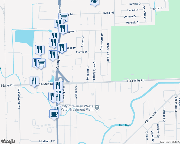 map of restaurants, bars, coffee shops, grocery stores, and more near 33218 Somerset Drive in Sterling Heights