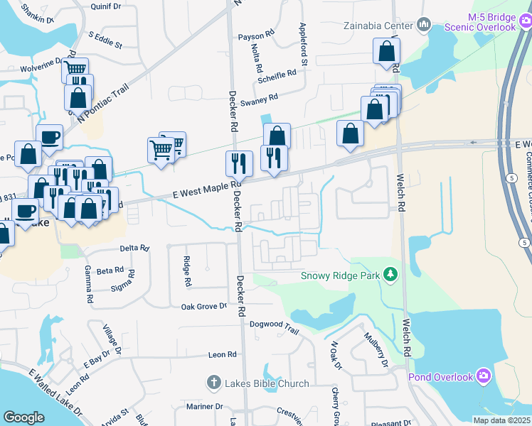 map of restaurants, bars, coffee shops, grocery stores, and more near 5105 Tamara Circle in Commerce Charter Township