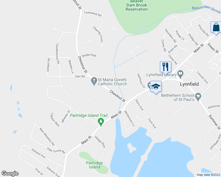 map of restaurants, bars, coffee shops, grocery stores, and more near 71 Chestnut Street in Lynnfield