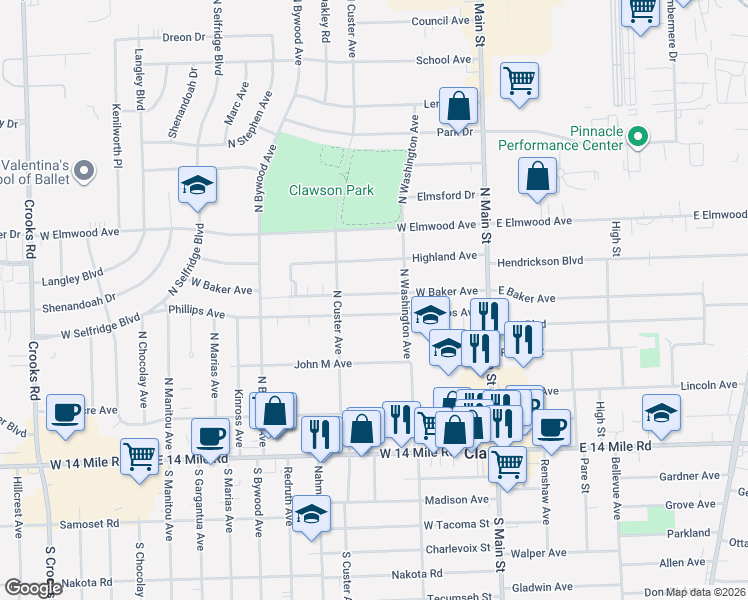 map of restaurants, bars, coffee shops, grocery stores, and more near 250 West Baker Avenue in Clawson