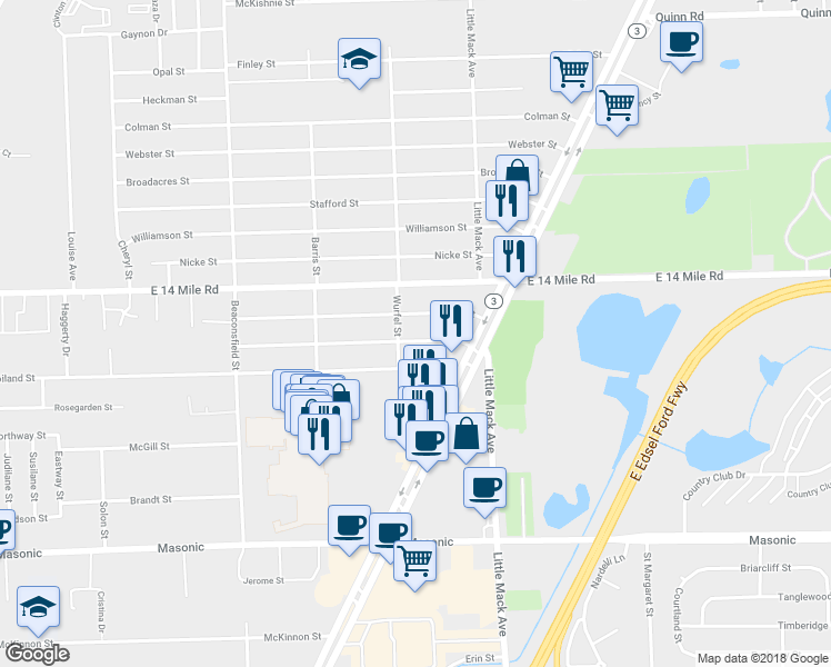 map of restaurants, bars, coffee shops, grocery stores, and more near 20281 Lakeworth Street in Roseville