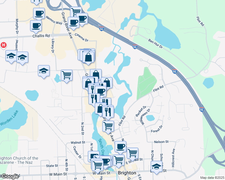 map of restaurants, bars, coffee shops, grocery stores, and more near 8727 Candlewood Trail in Brighton
