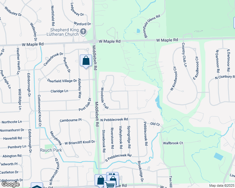 map of restaurants, bars, coffee shops, grocery stores, and more near 5223 Whispering Oak Lane in West Bloomfield Township