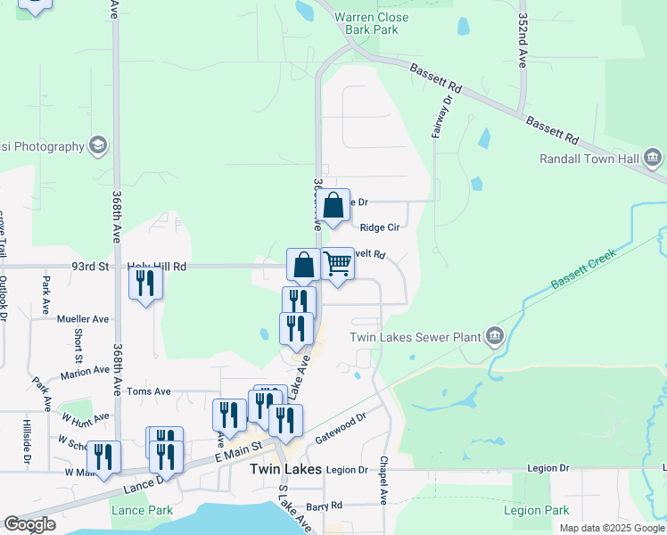 map of restaurants, bars, coffee shops, grocery stores, and more near 700 North Lake Avenue in Twin Lakes