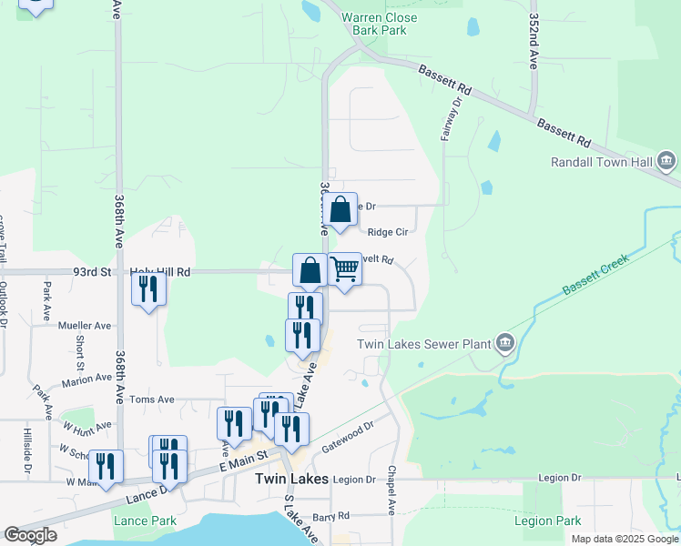 map of restaurants, bars, coffee shops, grocery stores, and more near 700 North Lake Avenue in Twin Lakes