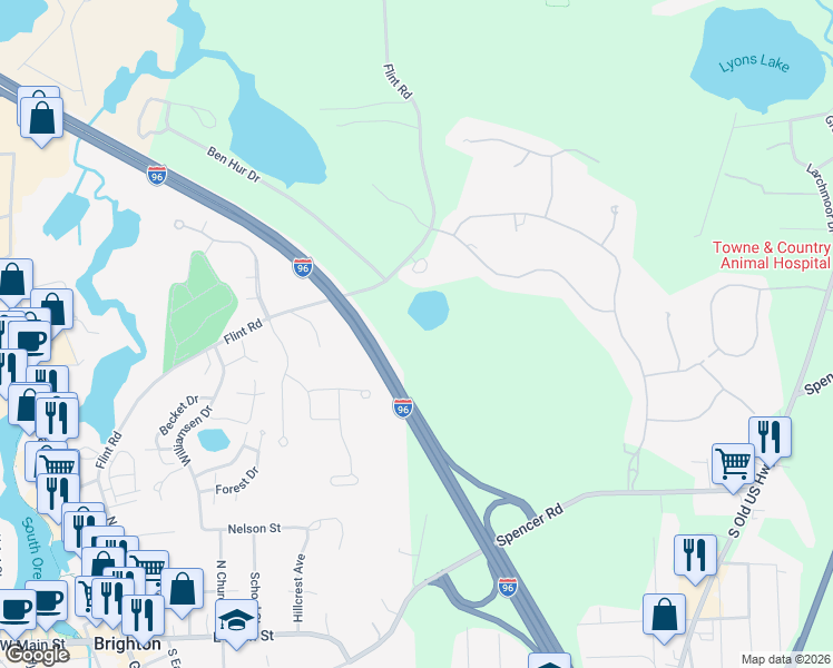 map of restaurants, bars, coffee shops, grocery stores, and more near 4125 Flint Road in Brighton