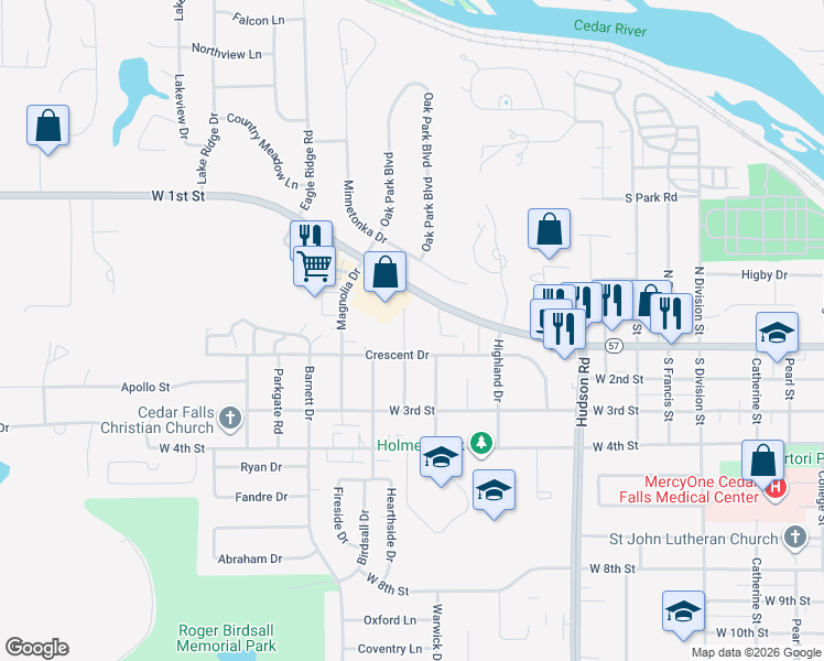 map of restaurants, bars, coffee shops, grocery stores, and more near 123 Brentwood Drive in Cedar Falls