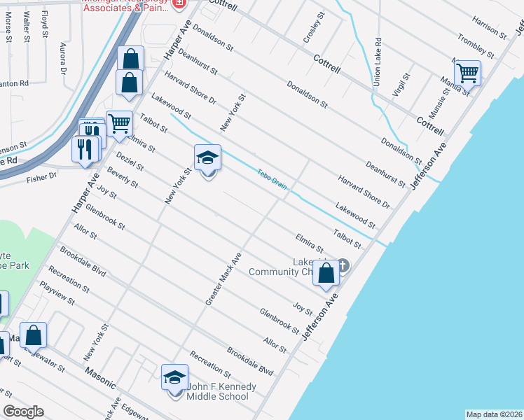 map of restaurants, bars, coffee shops, grocery stores, and more near 23625 Elmira Street in St. Clair Shores