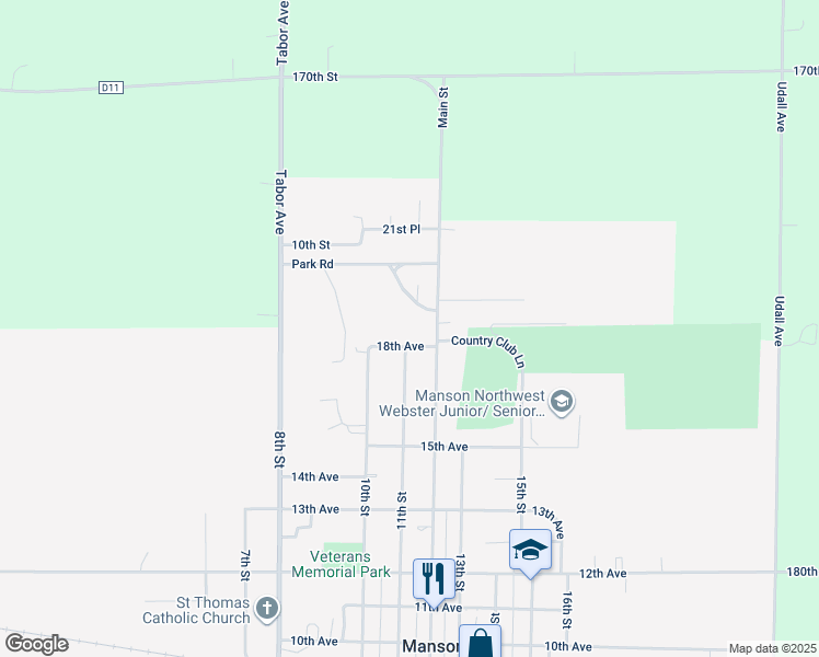 map of restaurants, bars, coffee shops, grocery stores, and more near 1804 Main Street in Manson