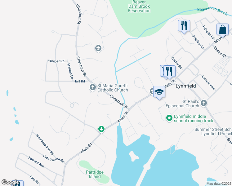 map of restaurants, bars, coffee shops, grocery stores, and more near 71 Chestnut Street in Lynnfield