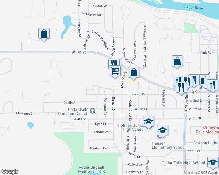 map of restaurants, bars, coffee shops, grocery stores, and more near 2202 Thunder Ridge Boulevard in Cedar Falls