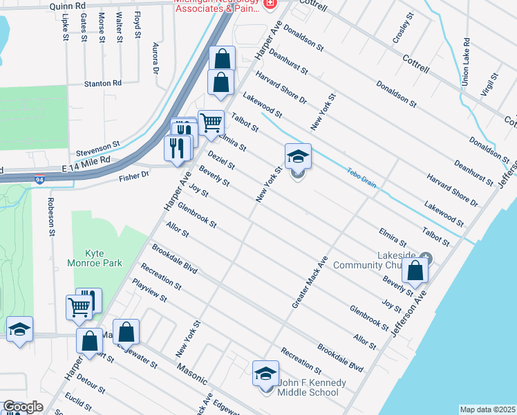 map of restaurants, bars, coffee shops, grocery stores, and more near 23220 Beverly Street in St. Clair Shores
