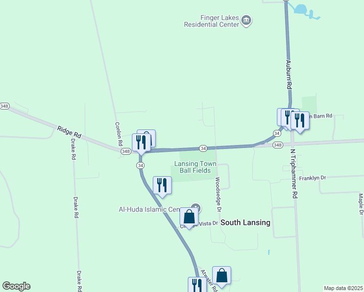 map of restaurants, bars, coffee shops, grocery stores, and more near 38 Auburn Road in Lansing