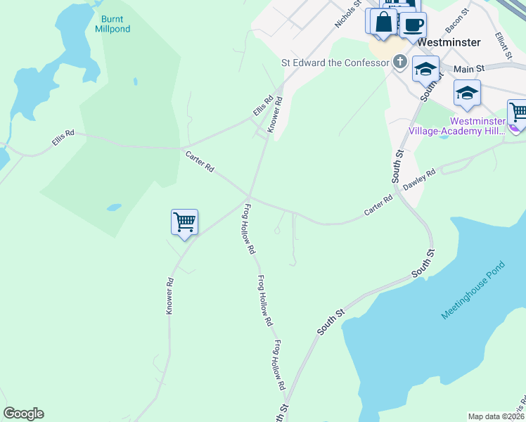 map of restaurants, bars, coffee shops, grocery stores, and more near 35 Carter Road in Westminster