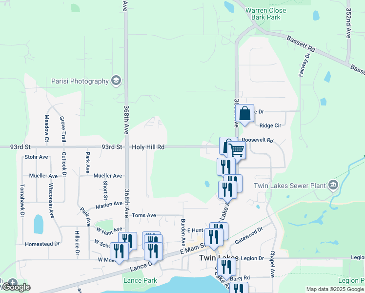 map of restaurants, bars, coffee shops, grocery stores, and more near 156 Holy Hill Road in Twin Lakes