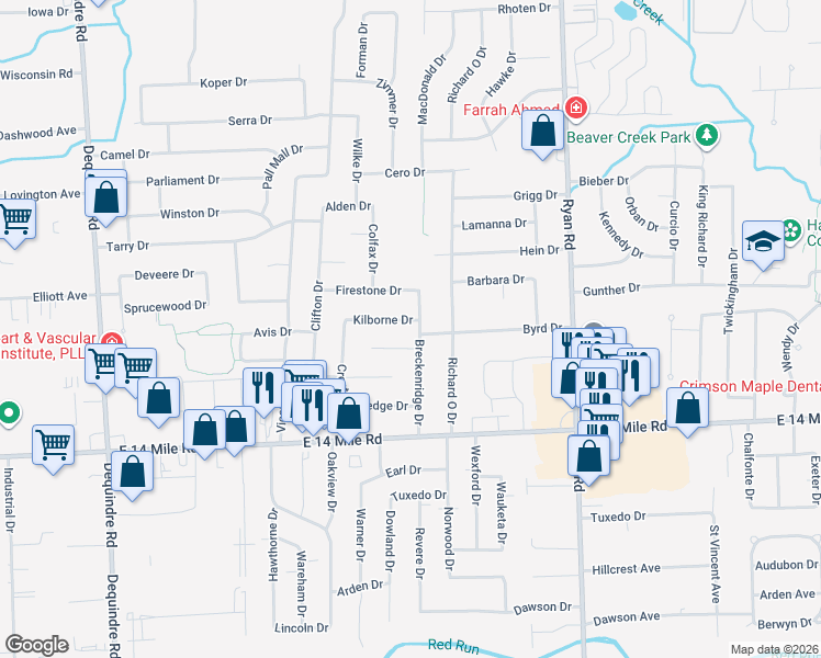 map of restaurants, bars, coffee shops, grocery stores, and more near 33514 Breckenridge Drive in Sterling Heights