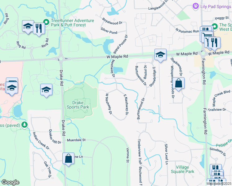 map of restaurants, bars, coffee shops, grocery stores, and more near 6715 West Nashway Drive in West Bloomfield Township