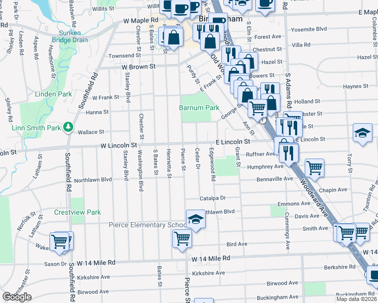 map of restaurants, bars, coffee shops, grocery stores, and more near 1105 Pierce St in Birmingham