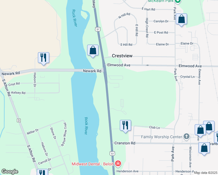map of restaurants, bars, coffee shops, grocery stores, and more near 2407 S Riverside Dr in Beloit