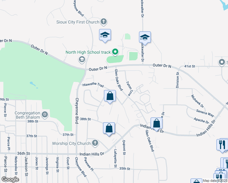 map of restaurants, bars, coffee shops, grocery stores, and more near 1455 Hiawatha Trail in Sioux City