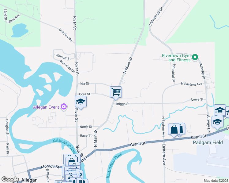 map of restaurants, bars, coffee shops, grocery stores, and more near 619 North Main Street in Allegan
