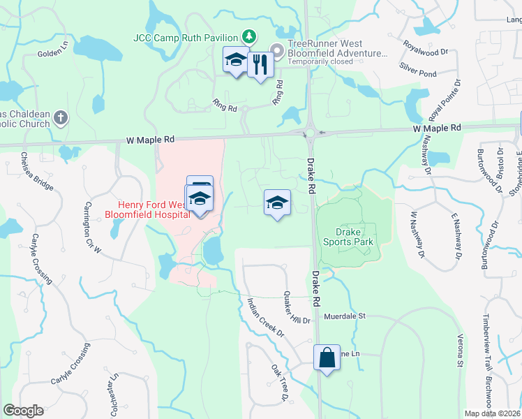 map of restaurants, bars, coffee shops, grocery stores, and more near 6660 Ridgefield Circle in West Bloomfield Township