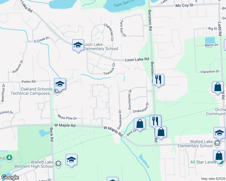 map of restaurants, bars, coffee shops, grocery stores, and more near 1081 Grandview Drive in Commerce Charter Township