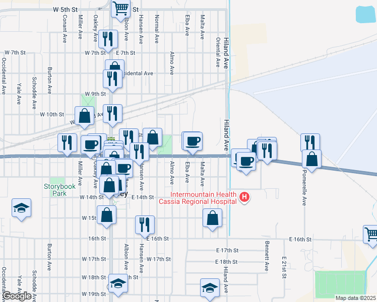 map of restaurants, bars, coffee shops, grocery stores, and more near 1134 Elba Avenue in Burley