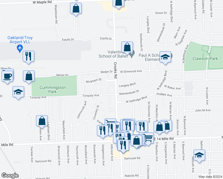 map of restaurants, bars, coffee shops, grocery stores, and more near 1792 Torquay Avenue in Royal Oak