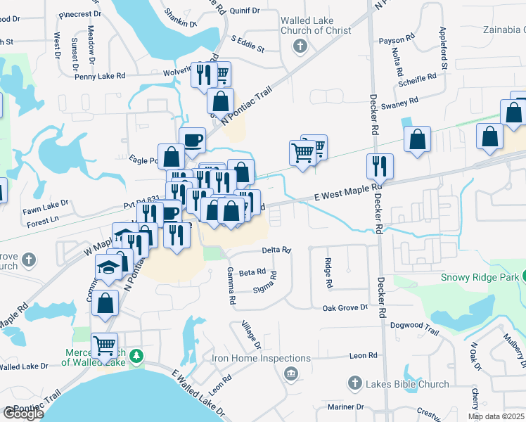 map of restaurants, bars, coffee shops, grocery stores, and more near 1212 West West Maple Road in Walled Lake