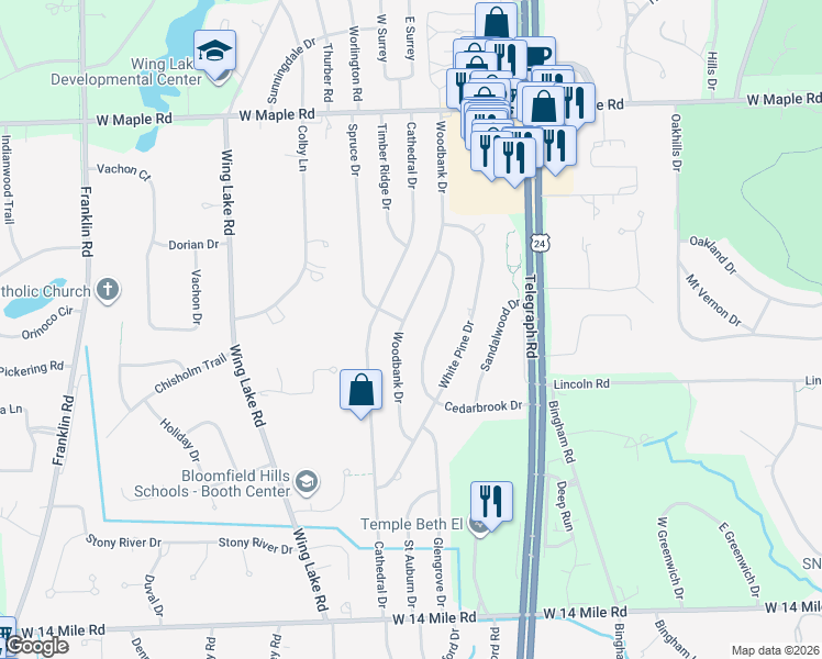 map of restaurants, bars, coffee shops, grocery stores, and more near 6846 Cedarbrook Drive in Bloomfield Hills