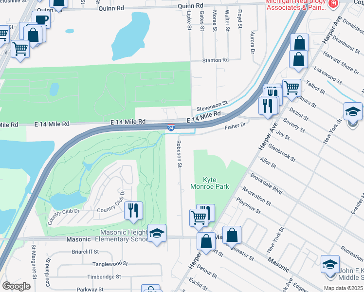 map of restaurants, bars, coffee shops, grocery stores, and more near 33108 Robeson Street in St. Clair Shores