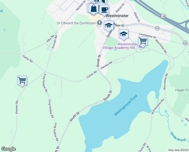 map of restaurants, bars, coffee shops, grocery stores, and more near 73 Carter Road in Westminster