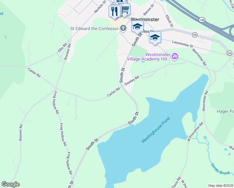 map of restaurants, bars, coffee shops, grocery stores, and more near 73 Carter Road in Westminster