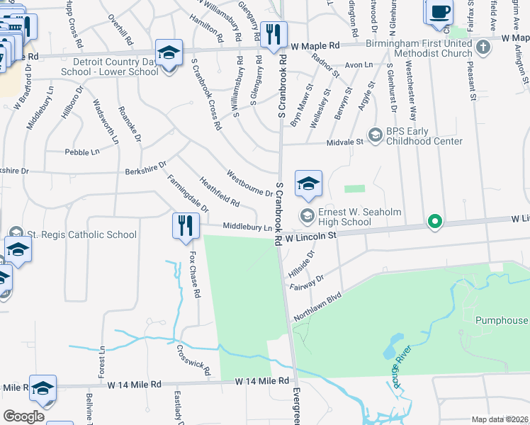 map of restaurants, bars, coffee shops, grocery stores, and more near 2632 Heathfield Road in Bloomfield Hills