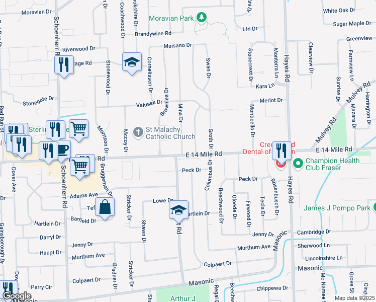 map of restaurants, bars, coffee shops, grocery stores, and more near 33004 Mina Dr in Sterling Heights