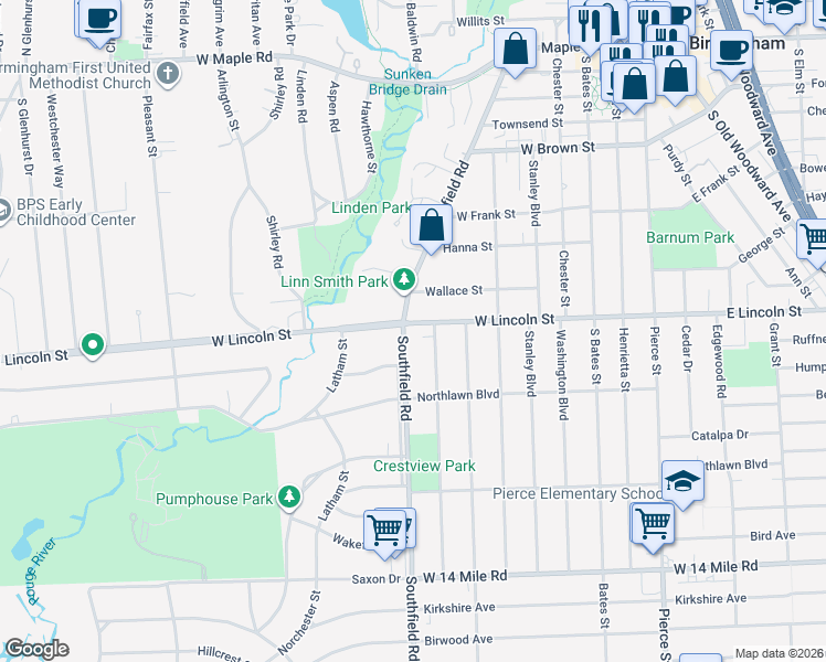map of restaurants, bars, coffee shops, grocery stores, and more near 1128 Southfield Road in Birmingham
