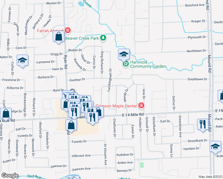 map of restaurants, bars, coffee shops, grocery stores, and more near 33220 Twickingham Drive in Sterling Heights