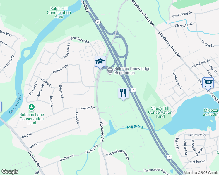 map of restaurants, bars, coffee shops, grocery stores, and more near 290 Concord Road in Billerica