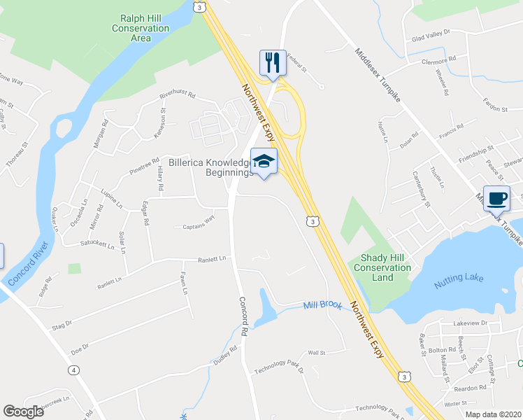 map of restaurants, bars, coffee shops, grocery stores, and more near 290 Concord Road in Billerica