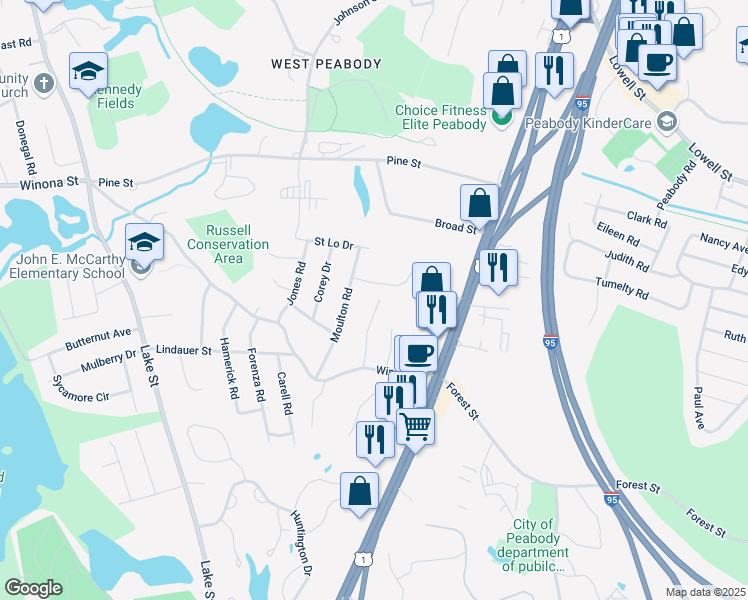 map of restaurants, bars, coffee shops, grocery stores, and more near 12 Anderson Street in Peabody