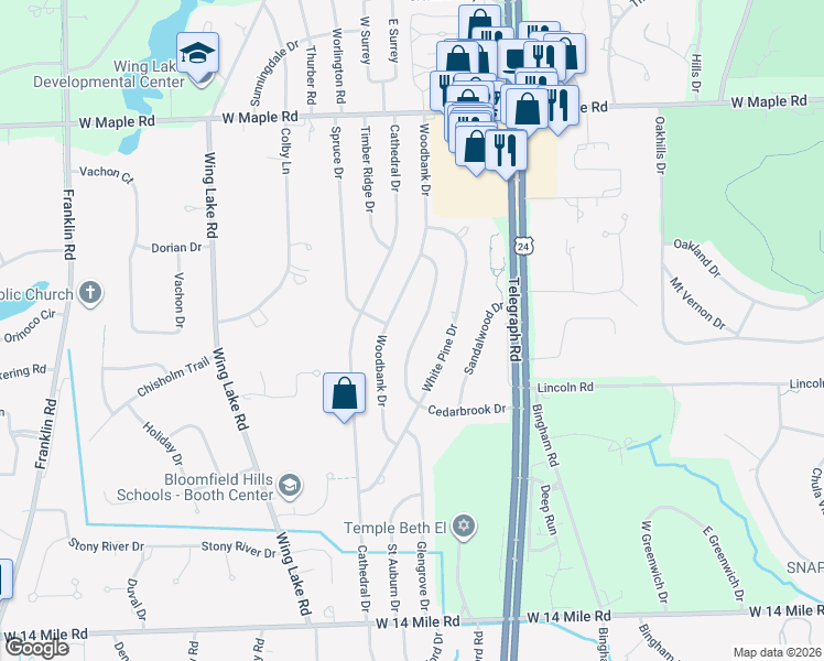 map of restaurants, bars, coffee shops, grocery stores, and more near 6846 Cedarbrook Drive in Bloomfield Hills