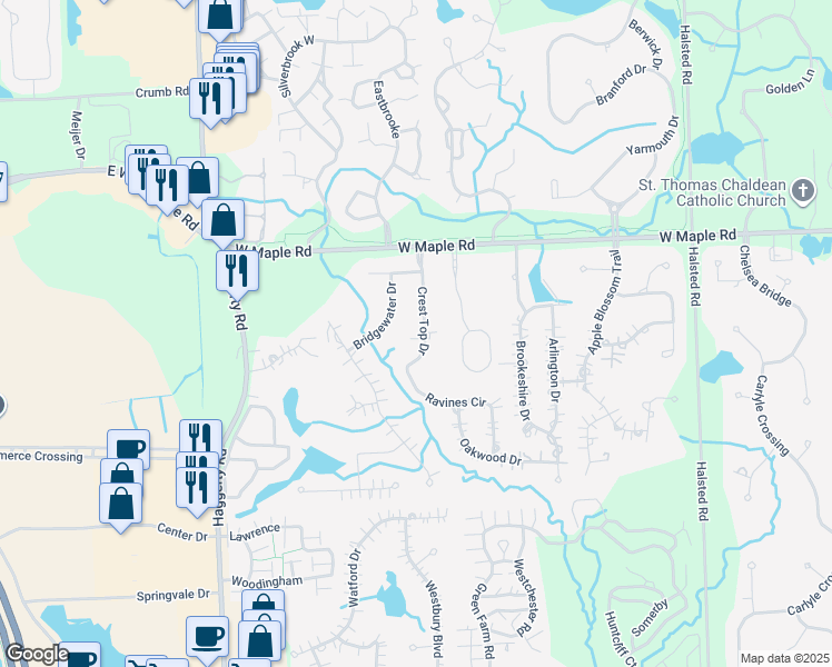 map of restaurants, bars, coffee shops, grocery stores, and more near 6598 Crest Top Drive in Oakland County