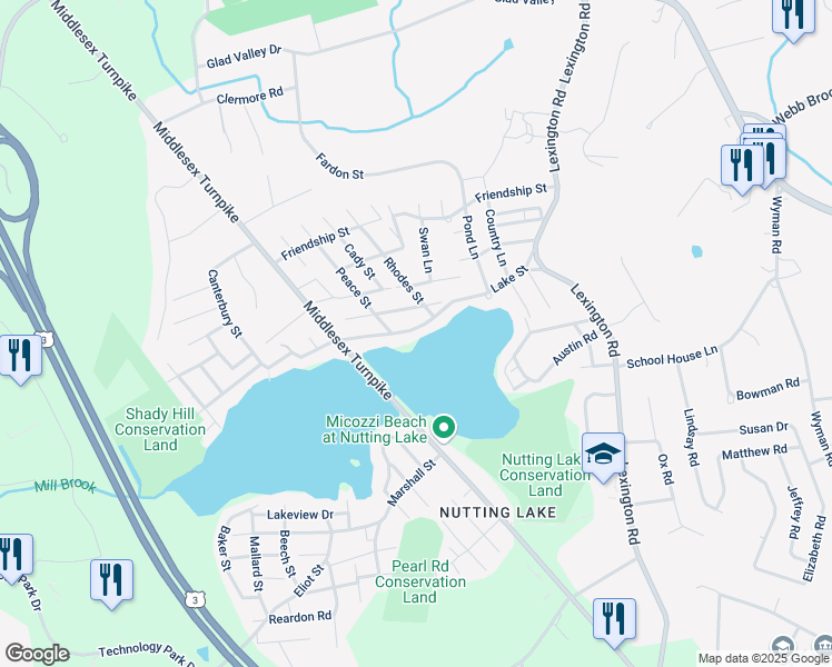 map of restaurants, bars, coffee shops, grocery stores, and more near 40 Lake Street in Billerica