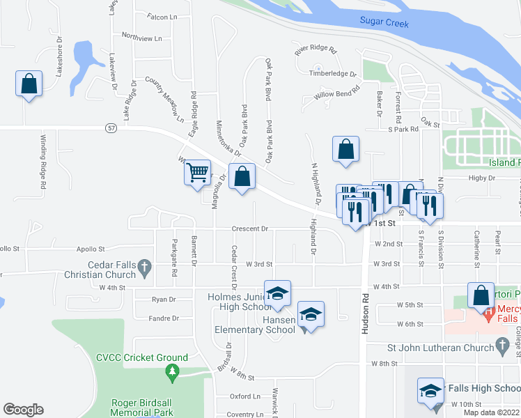 map of restaurants, bars, coffee shops, grocery stores, and more near 123-207 Brentwood Drive in Cedar Falls